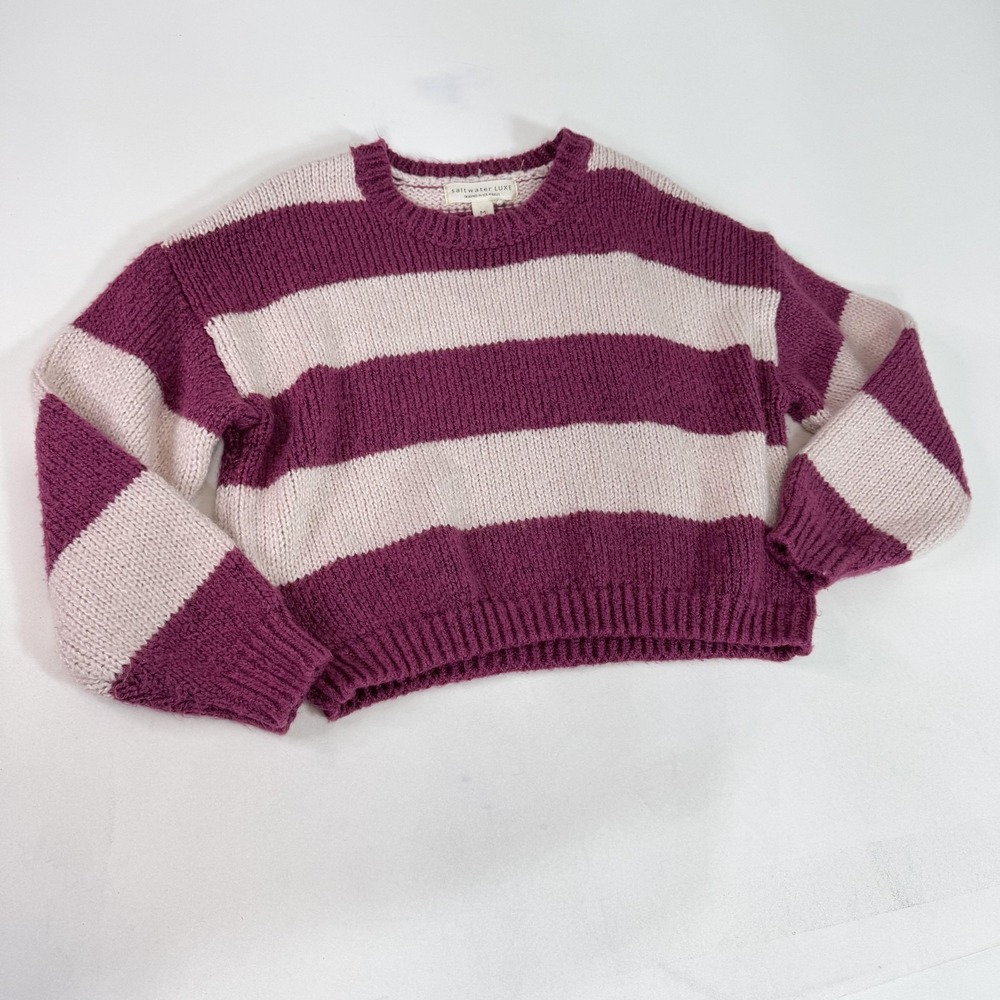 Saltwater Luxe Sweater Womens Medium Pink Stripe Chunky Knit Crewneck Cropped